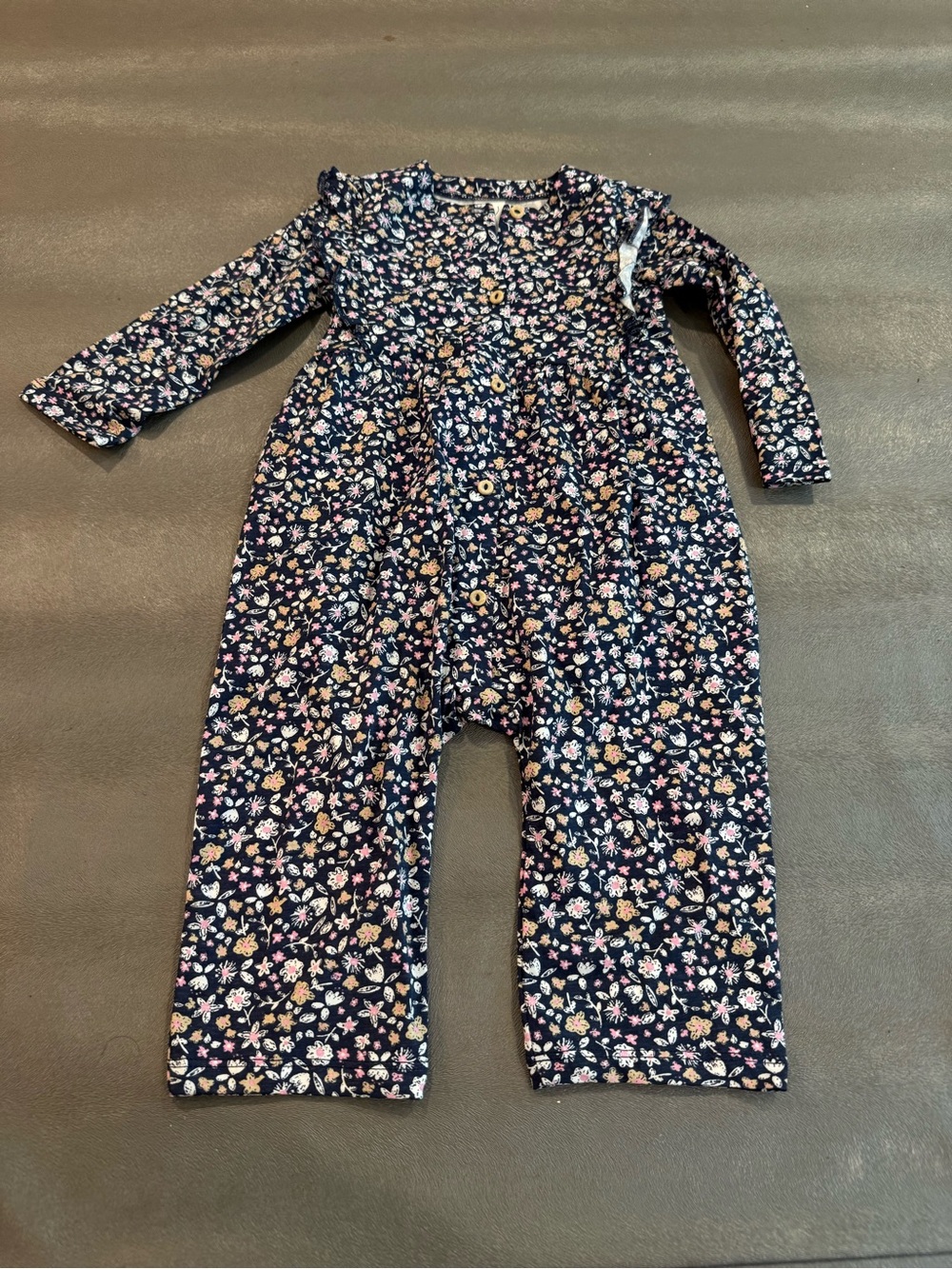 H&M Navy Floral Long-Sleeve Romper with Pink & Cream Flowers. Size 12 months